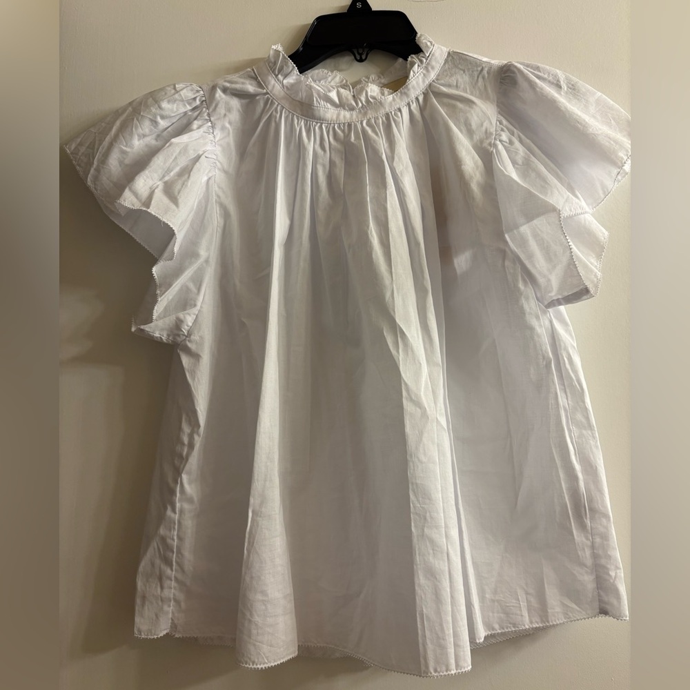 Ellie Tahari White Ruffled Neck and Sleeves Cotton Blouse - Picture 2 of 7